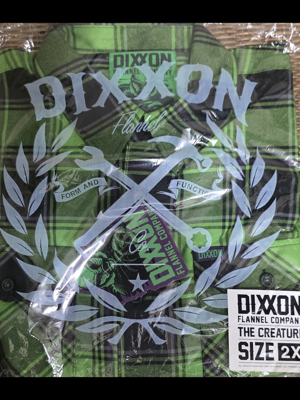 DIXXON GANG GREEN Green and Black Plaid Flannel Shirt with Graphic Chest Print
